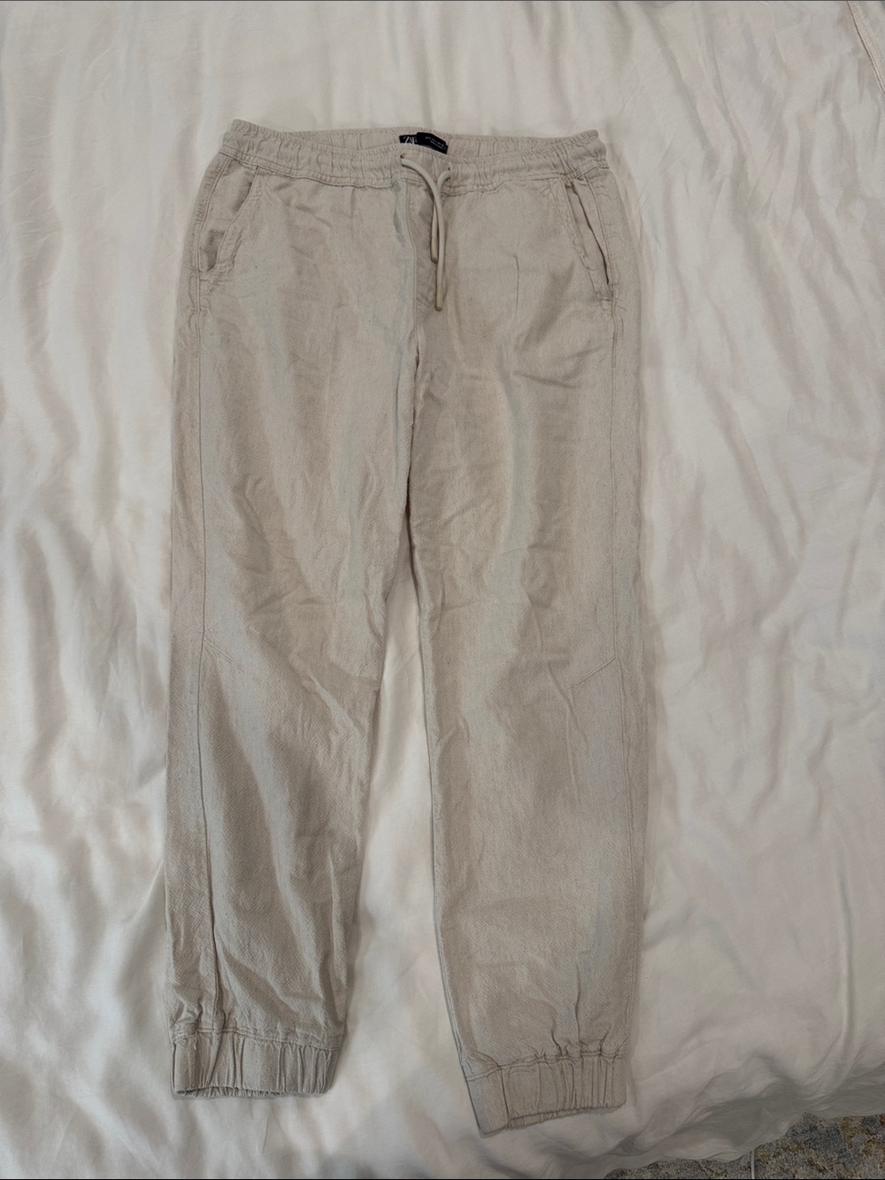 Large Zara Casual Drawstring Jogger-style Linen Pants - Beige